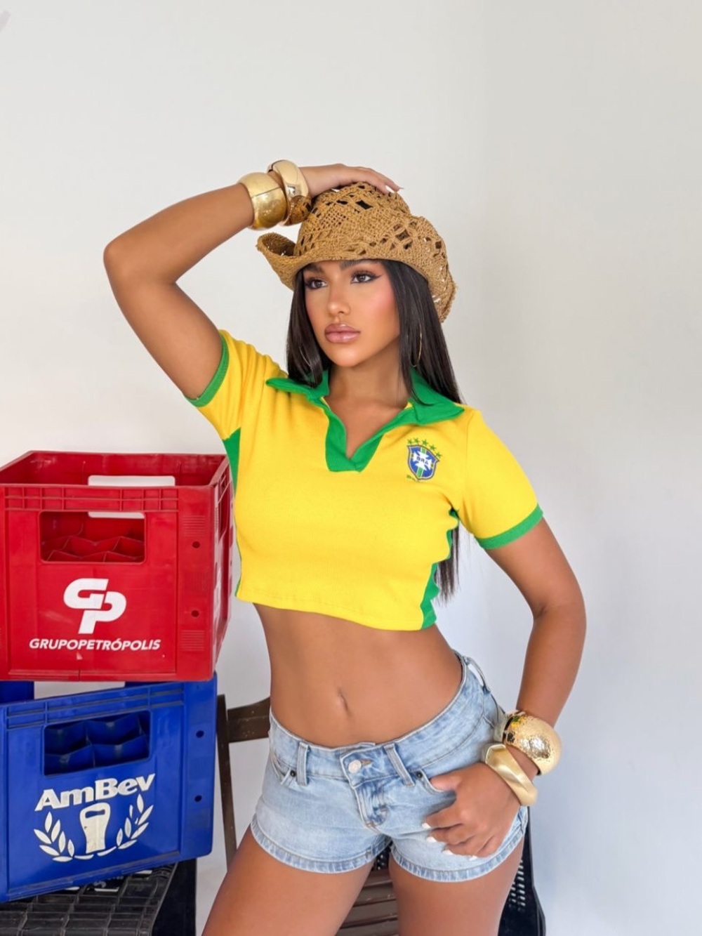 Brazil Yellow & Green Cropped Soccer Polo Top